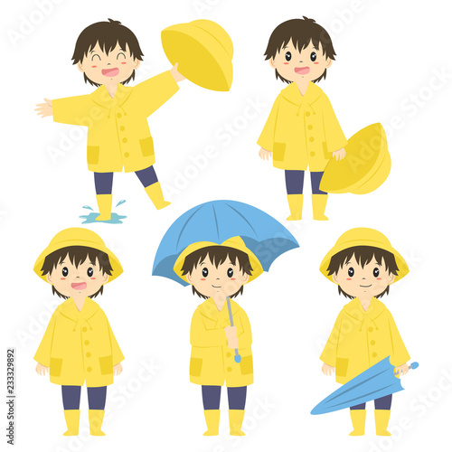 cute little boy in yellow raincoat and holding a blue umbrella, cartoon vector set.