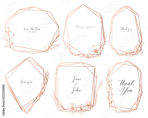 Set of geometric frame, Hand drawn flowers, Botanical composition, Decorative element for wedding card, Invitations Vector illustration.