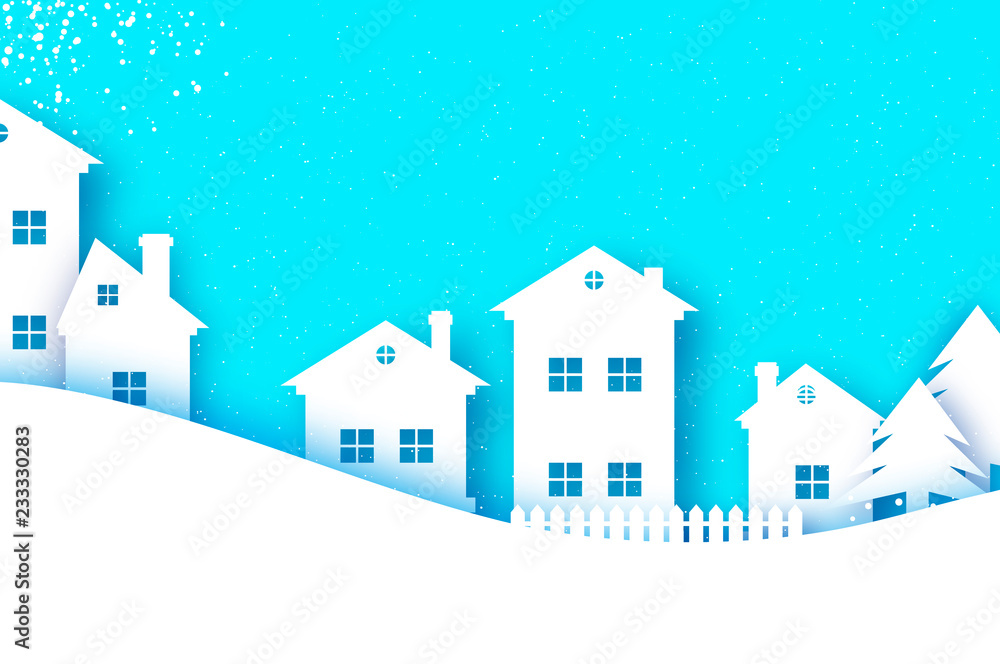 Naklejka premium Merry Christmas and Happy New Year Greetings card. Origami Winter Snow Landscape Village with blue sky. City Urban Countryside with forest in paper cut style. Holidays