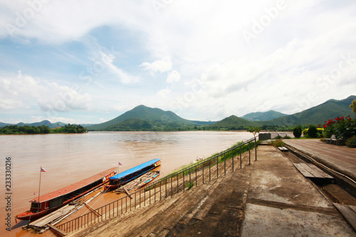 Tradition of Long tail boat and fisherman at Khong river the Thai-Laos border at Chaingkhan distric Thailand
