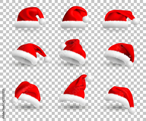 Collection of Red Santa Claus Hats isolated on transparent background. Set. Vector Realistic Illustration. photo