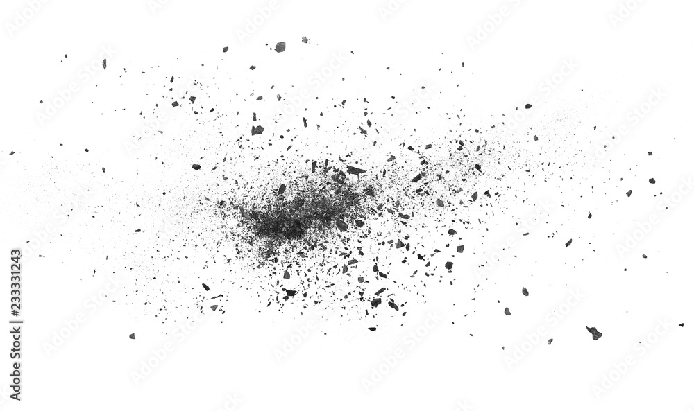 Black charcoal dust, gunpowder isolated on white background and texture, top view Black charcoal dust, gunpowder isolated on white background and texture, top view