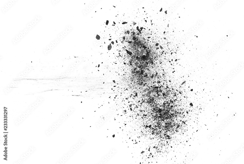 Black charcoal dust, gunpowder isolated on white background and texture, top view Black charcoal dust, gunpowder isolated on white background and texture, top view