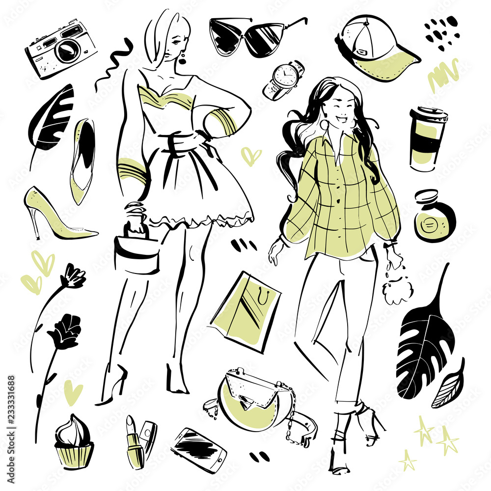 Φωτογραφία Vector collection of modern fashion elements and beautiful models for summer time - clothing, personal style, trendy look, cosmetics, accessory, shoe etc isolated