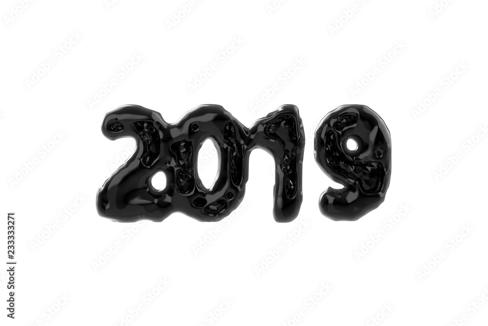 Happy New Year Banner with 2019 Numbers made by bright glossy plastic black shell and reflected lowpoly core inside isolated on white Background. abstract 3d illustration Happy New Year Banner with 2019 Numbers made by bright glossy plastic black shell and reflected lowpoly core inside isolated on white Background. abstract 3d illustration