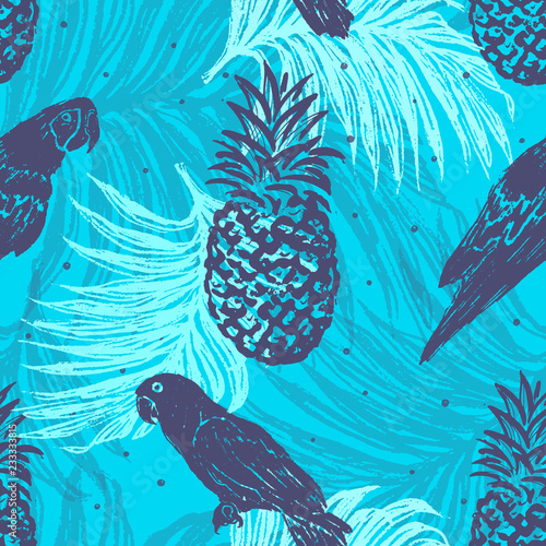 Ink hand drawn Jungle seamless pattern with Birds on Palm leaves background