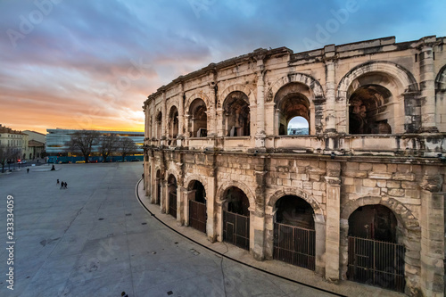 Nimes  France. High angle view of Roman amphitheater  Arena of Nimes  at dusk