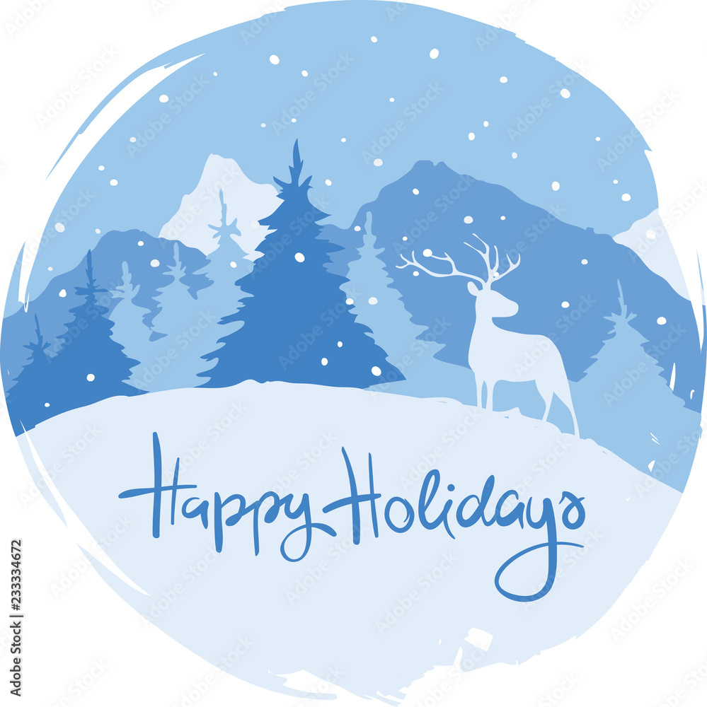 Snowy mountains and firs / Vector illustration, winter banner, Christmas background