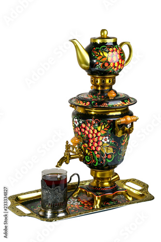 Metal Russian samovar, with traditional ornaments and paintings. On a white background