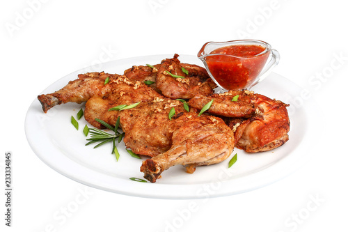 Grilled fried roast chicken with hot sausage