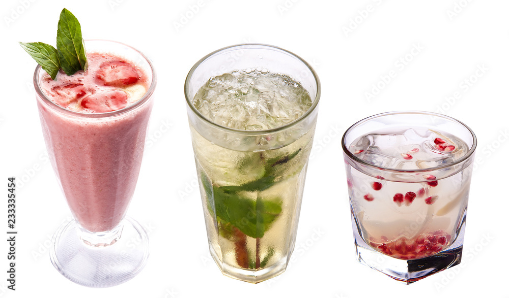 A set of cold drinks. Lemonade and smoothies. On a white background A set of cold drinks. Lemonade and smoothies. On a white background