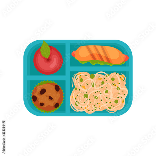 Red apple, hot dog, cupcake and spaghetti with green peas in lunch box, top view. Tasty food. Flat vector icon