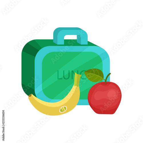 Small lunch box, ripe banana and apple. Healthy nutrition. Tasty school meal. Food theme. Flat vector design