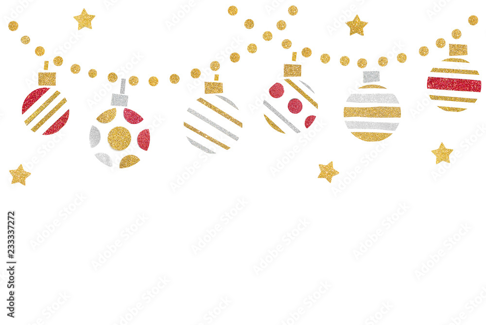 Red gold and silver glitter oranment paper cut on white background - isolated Red gold and silver glitter oranment paper cut on white background - isolated