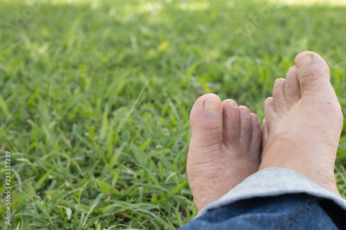 Relaxing time on green grass garden, bare feet on green grass with copy space © taira42