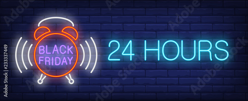Black Friday, twenty four hours neon text, ringing alarm clock. Sale advertising design. Night bright neon sign, colorful billboard, light banner. Vector illustration in neon style.