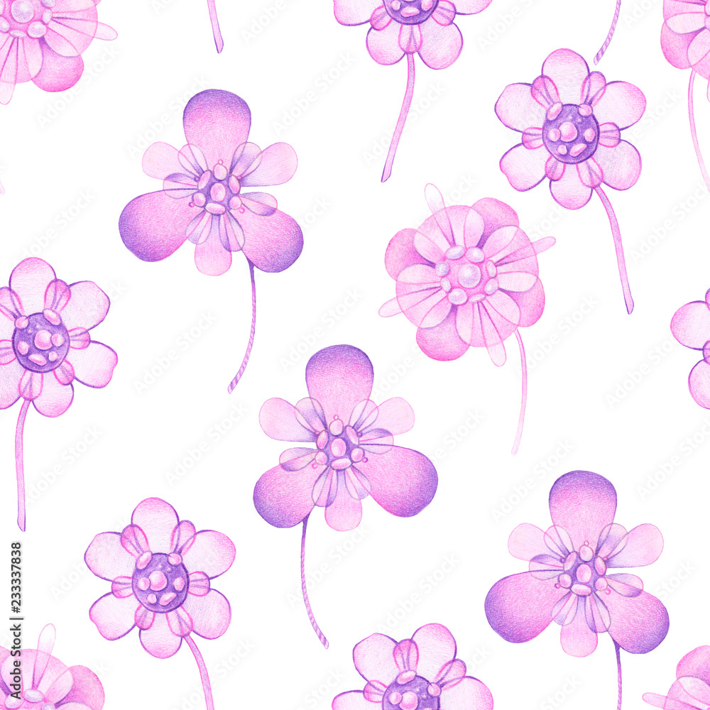 Seamless pattern with decorative flowers in violet pink tones on a white background. Children's illustration in cartoon style for textile, packaging design, printing Seamless pattern with decorative flowers in violet pink tones on a white background. Children's illustration in cartoon style for textile, packaging design, printing