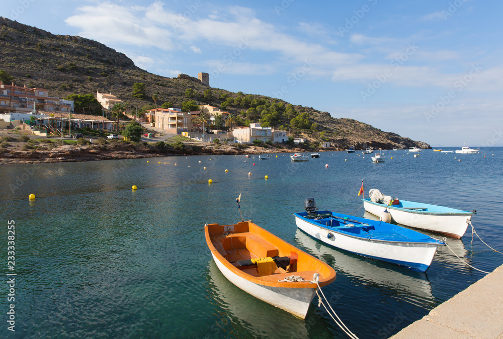 La Azohia Murcia Spain with boats moored by the sea, the village located near La Isla Plana and between Puerto de Mazarron and Cartagena