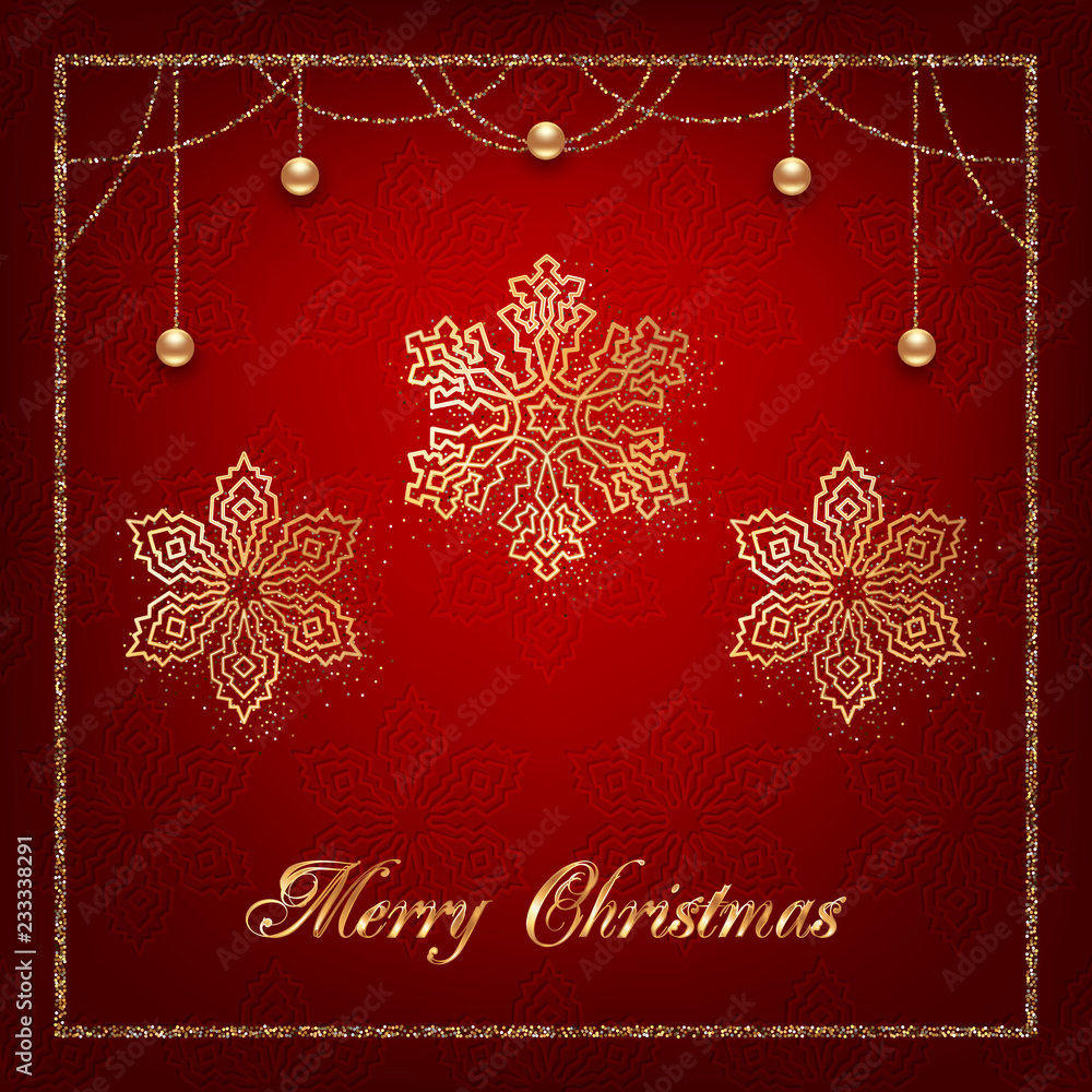 Illustration of christmas greeting card or invitation with decorative snowflakes, golden beads and confetti on red background