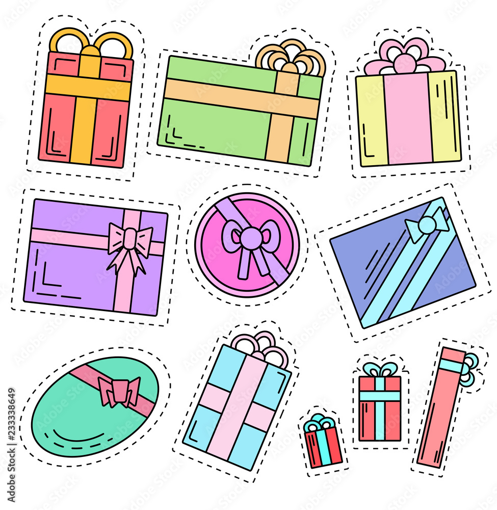 Φωτογραφία Set of color linear stickers of festive gifts of various shapes