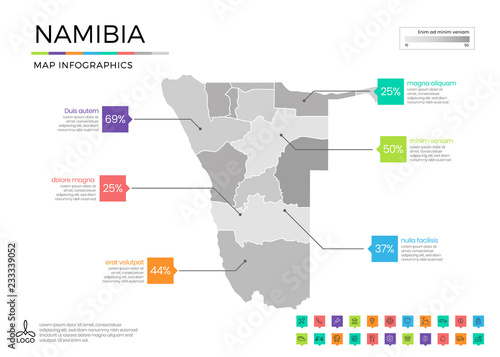 Namibia map infographics with editable separated layers  zones  elements and district area in vector