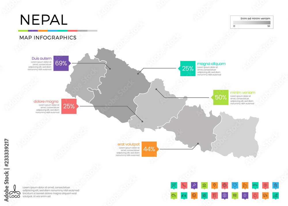 Nepal map infographics with editable separated layers, zones, elements and district area in vector