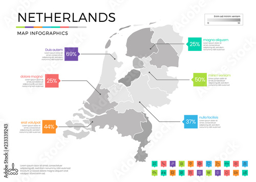 Netherlands map infographics with editable separated layers  zones  elements and district area in vector