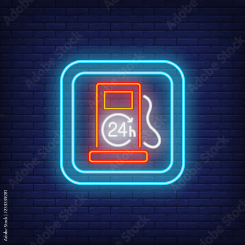 Petrol filling station neon sign. Twenty four hour petrol pump in blue square. Night bright advertisement. Vector illustration in neon style for service, transportation and business