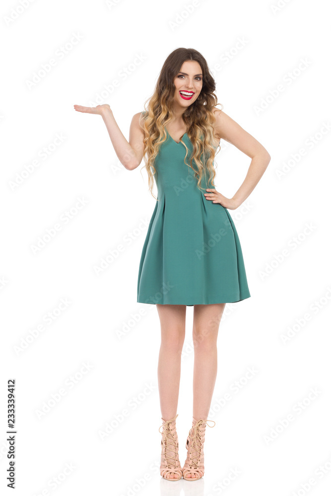 Elegant Woman In Mini Dress And High Heels Is Presenting And Smiling