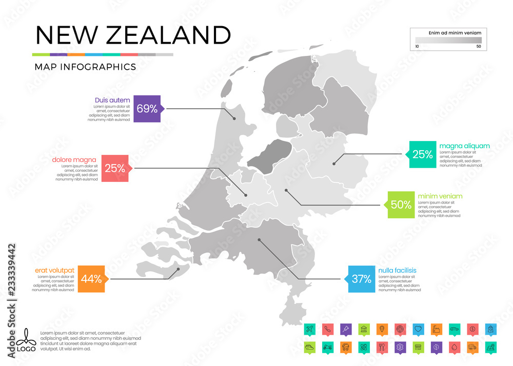 New zealand map infographics with editable separated layers, zones, elements and district area in vector