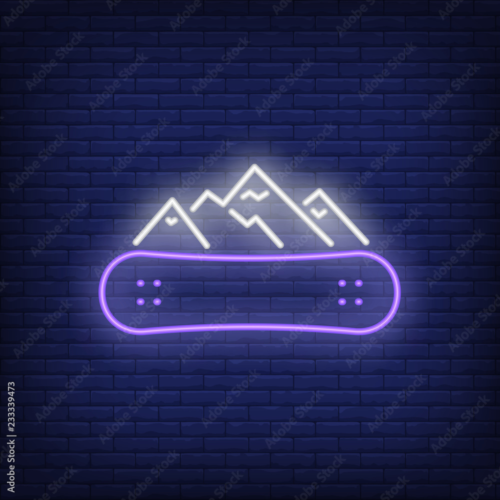 Winter resort neon sign. Mountains and snowboard on brick background. Night  bright advertisement. Vector illustration in neon style for sport, hobby,  recreation Stock Vector | Adobe Stock