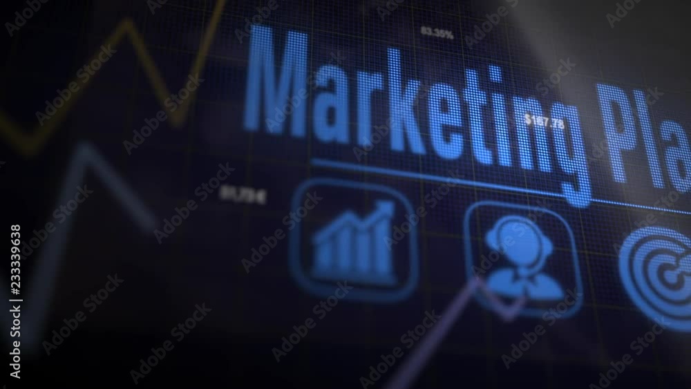 A Marketing Plan business concept on a flashing computer monitor with moving graphs and data. A Marketing Plan business concept on a flashing computer monitor with moving graphs and data.