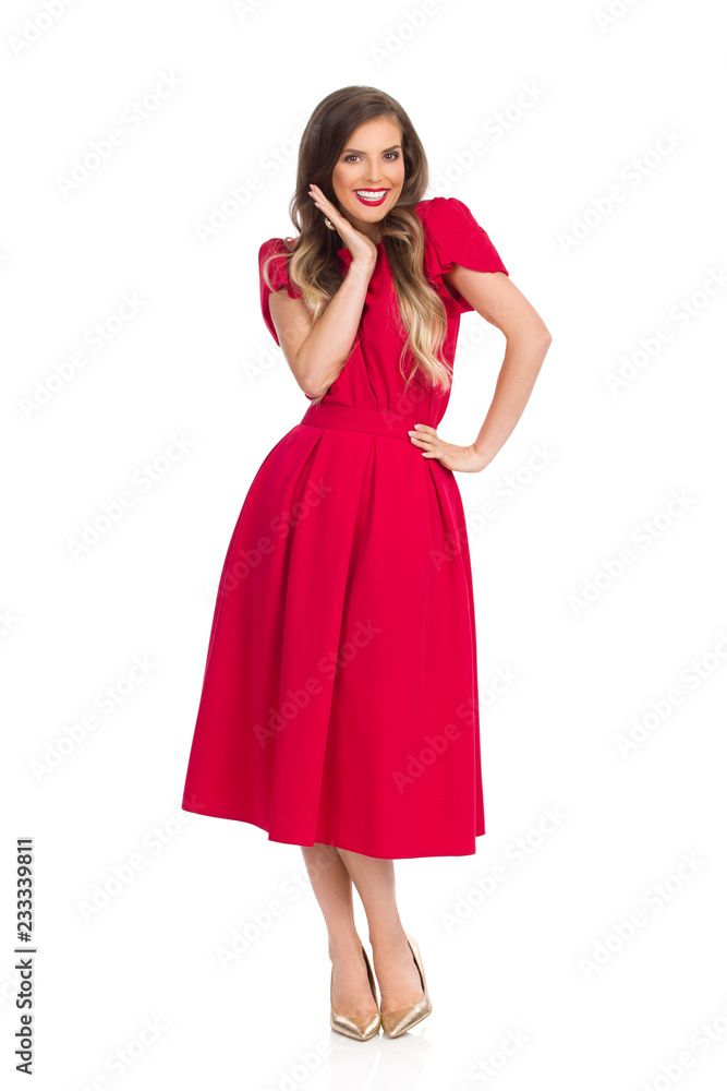 Beautiful Smiling Young Woman In Red Dress And High Heels Beautiful Smiling Young Woman In Red Dress And High Heels