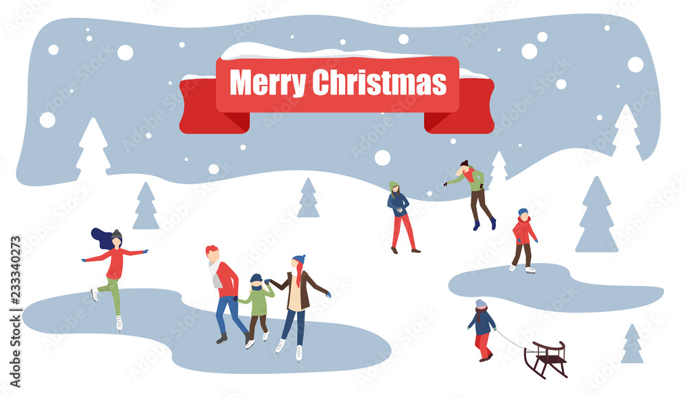 Merry Christmas poster with people skating on the ice rink.
