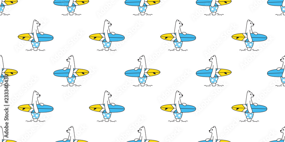 Fototapeta premium Bear seamless pattern vector Polar Bear surfboard beach cartoon scarf isolated gift wrap repeat wallpaper tile background