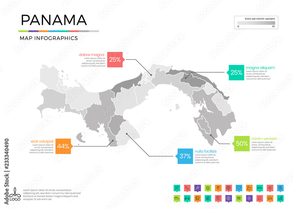 Panama map infographics with editable separated layers, zones, elements