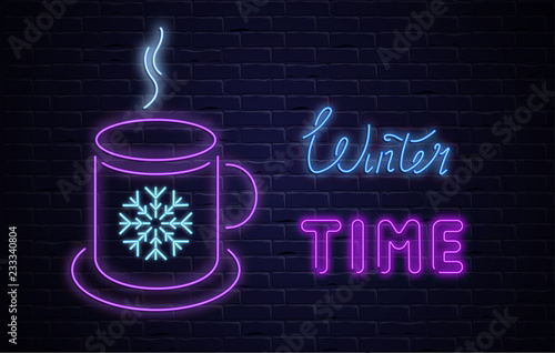 Winter time neon luminous poster with hot drink on brick textured background.