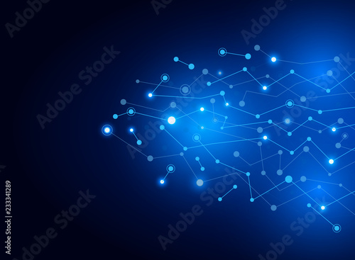 Abstract connecting dots and lines molecule dark blue background.