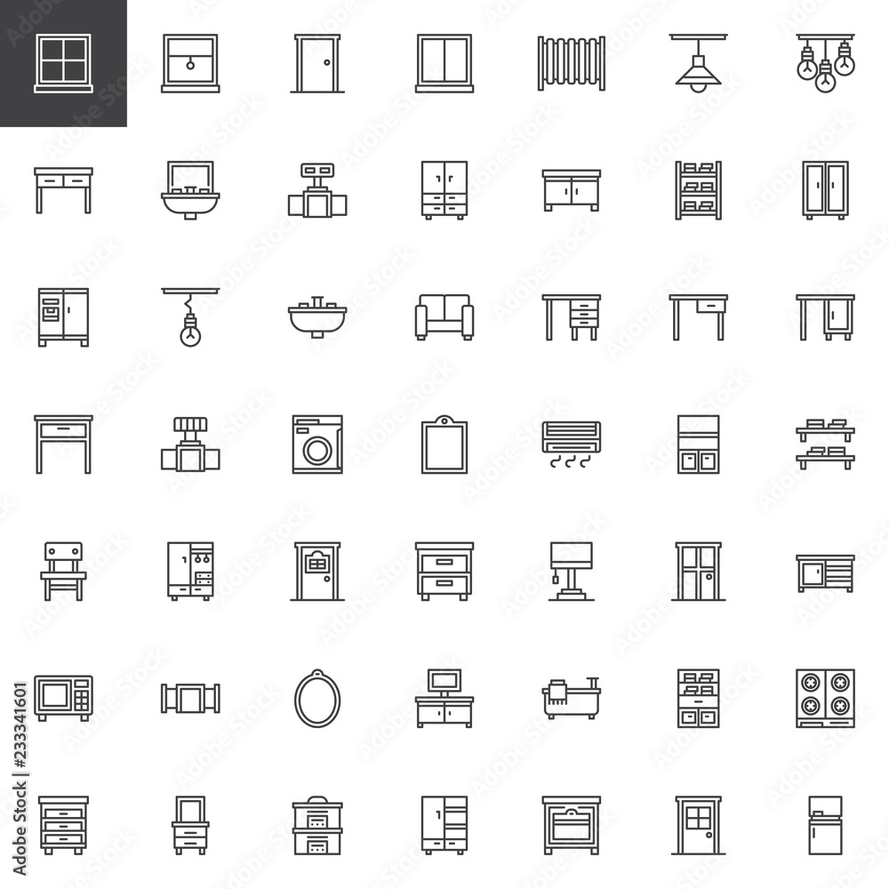 Household furniture outline icons set. linear style symbols collection, line signs pack. vector graphics. Set includes icons as Window, Door, Radiator, Table, Sink, Closet, Drawer, Fridge Lamp Sofa