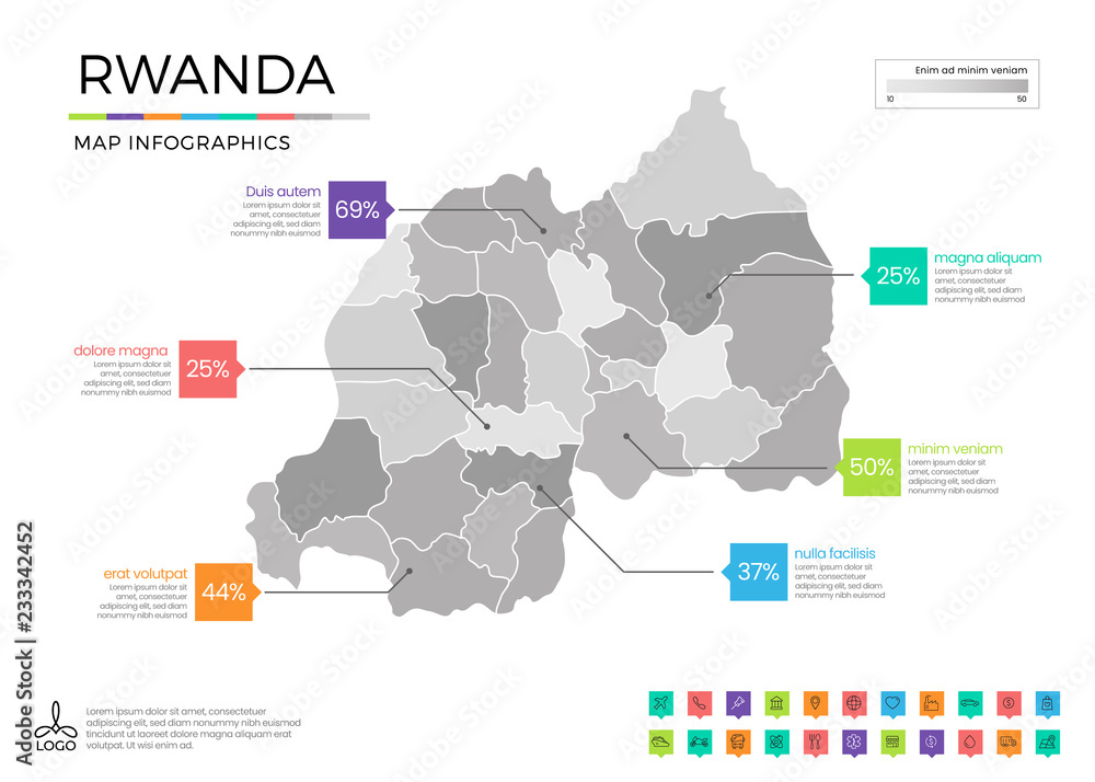 Rwanda map infographics with editable separated layers, zones, elements and district area in vector