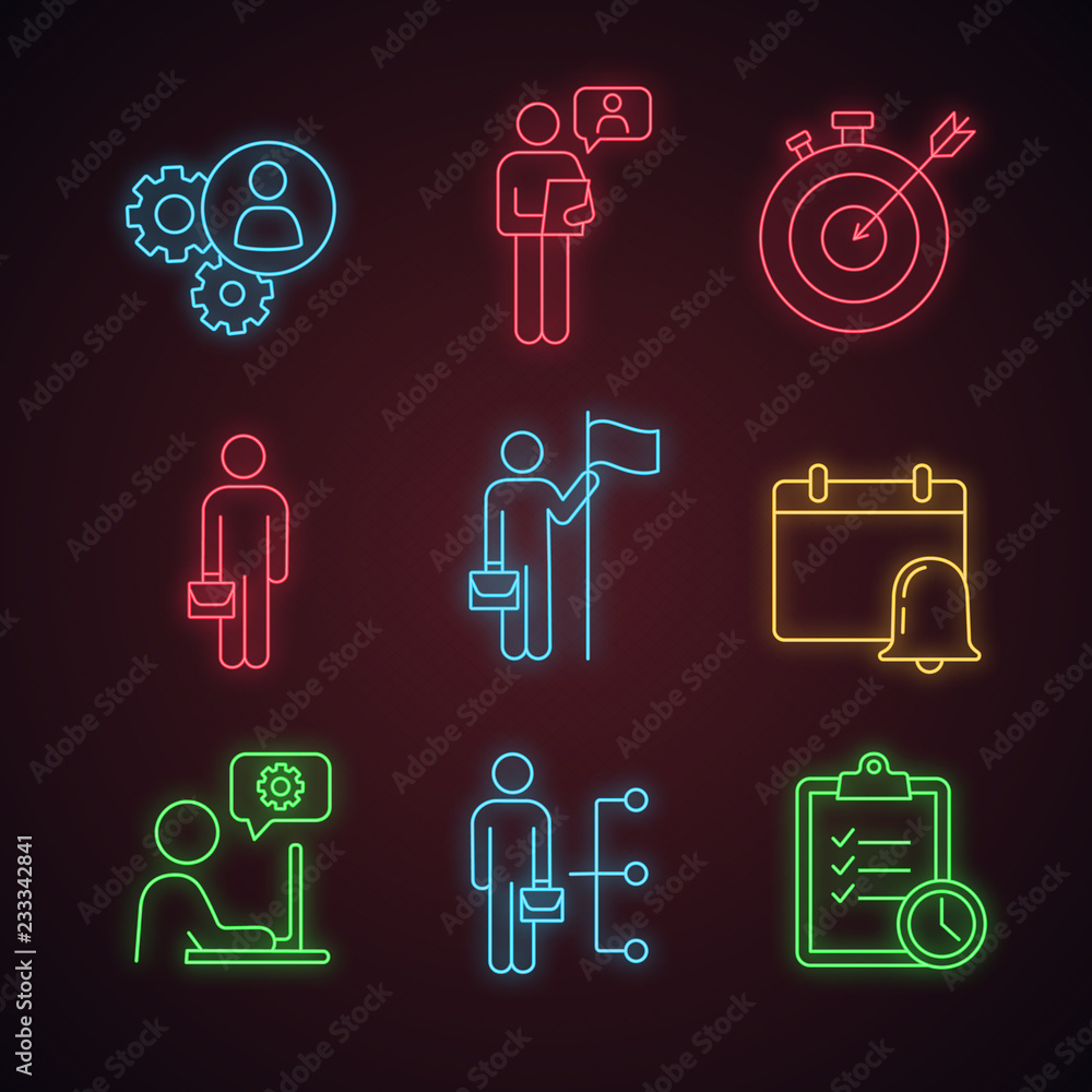 Business management neon light icons set Business management neon light icons set