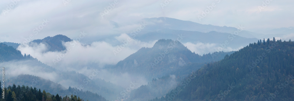 Mountain landscape panoramic scenery / Beautiful scenics of Pieniny mountains in south Poland