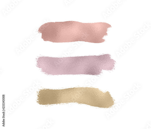 Set rose gold, bronze, gold foil textures brush paint stroke. Smudge glitter pink, sparkle glossy paint on the white background. Vector illustration