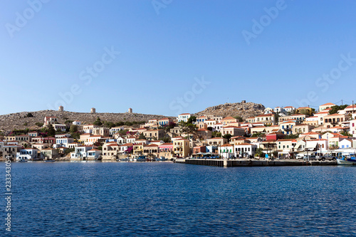 The seafront of Emporio, Chalki, Halki island. Aegean sea, Dodecanese Islands, Greece 