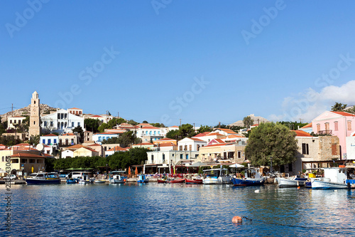 Halki, Chalki - View of Emporio village on Aegean sea. Dodecanese Islands, Greece 