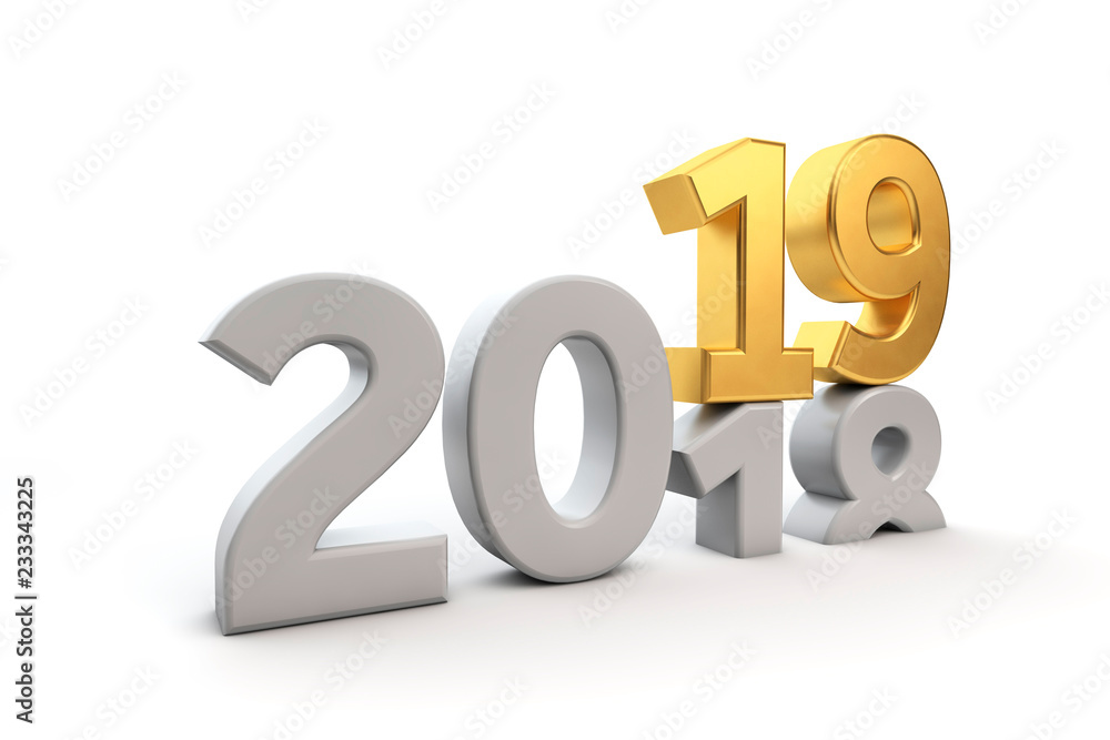New Year 2019. Changing year date. 3D Rendering New Year 2019. Changing year date. 3D Rendering
