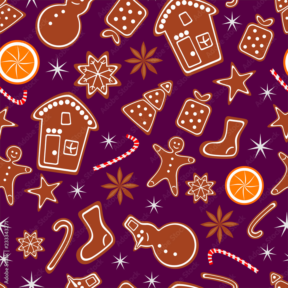 Merry Christmas and Happy New Year seamless pattern with gingerbread cookies, orange and sparkles isolated on dark lilac background. Vector illustration for winter holiday design in flat style Merry Christmas and Happy New Year seamless pattern with gingerbread cookies, orange and sparkles isolated on dark lilac background. Vector illustration for winter holiday design in flat style