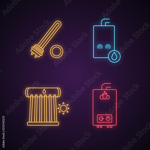 Heating neon light icons set