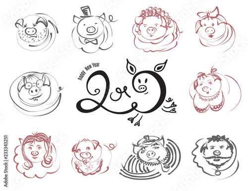 Doodle pigs and boars character icons for Chinese New Year 2019. Vector sketch line illustration for cute funny holiday design