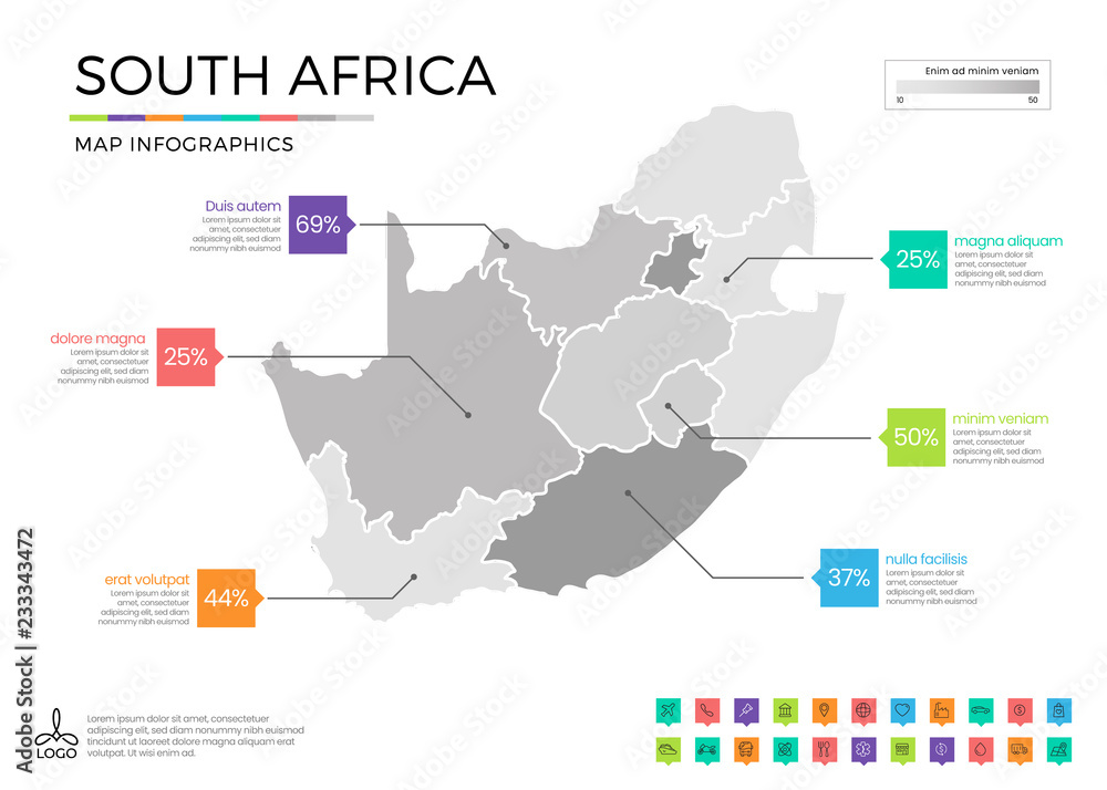 South Africa map infographics with editable separated layers, zones, elements and district area in vector